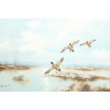 Patrick (20th century): Widgeon over Marshland, oil on board signed 50cm x 75cm