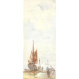 Frank Rousse (British fl.1897-1917): Boats Unloading on the Shore, watercolour signed 41cm x 17cm