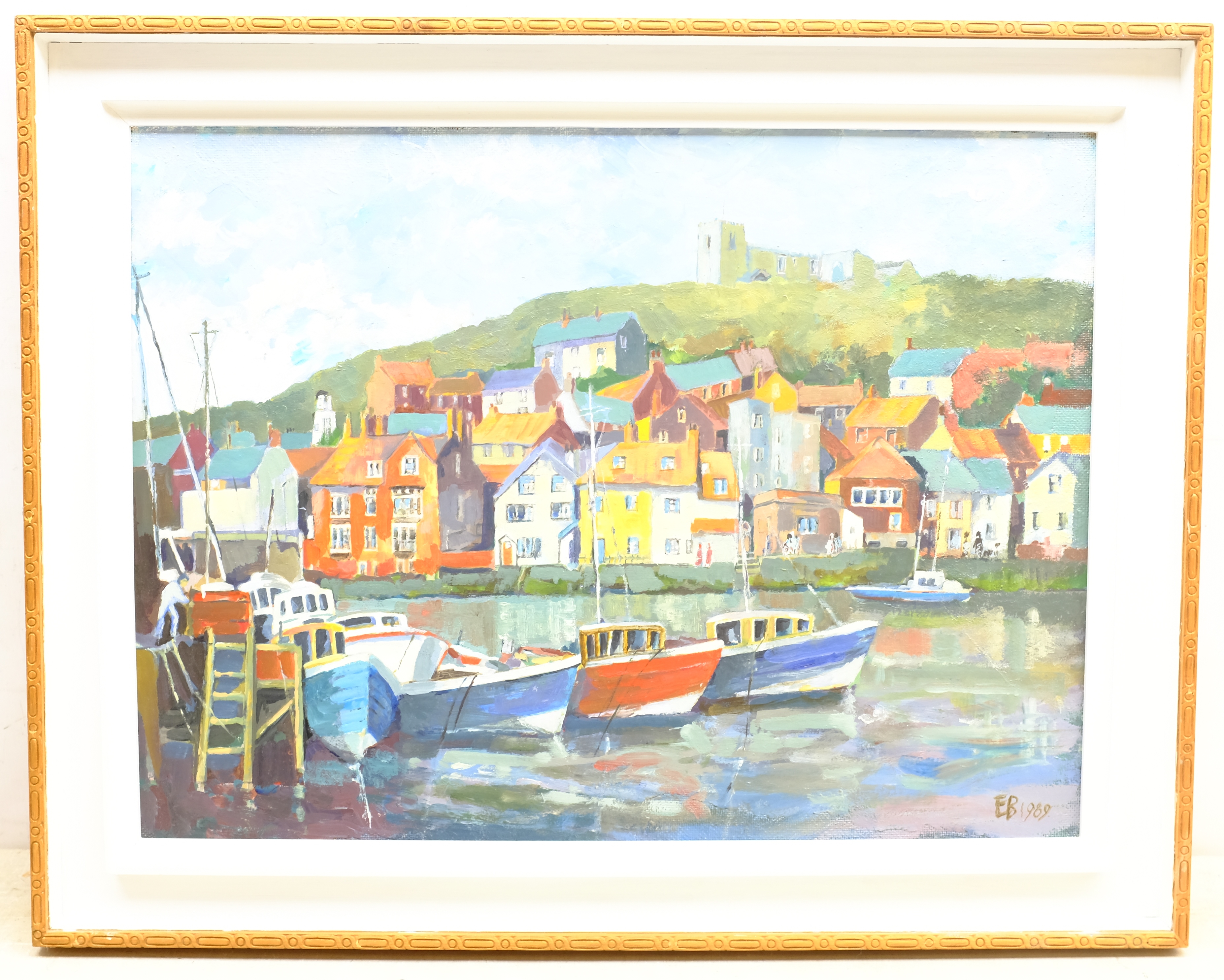 Ethel Blackburn (British 1907-2005): Whitby Harbour, oil on board signed with initials and dated 198 - Image 2 of 3