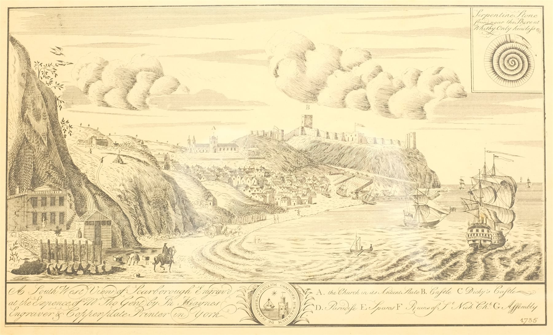 After John Haynes (British fl.1730-1750): 'A South West View of Scarborough', late 19th century engr - Image 2 of 4