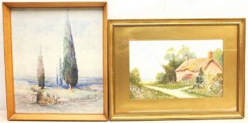 Reginald Daniel Sherrin (British 1891-1971): Cottage Scene, gouache signed, and Cypress Trees, water
