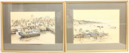 Desmond 'Des' G Sythes (British 1929-2008): Whitby Fishing Boats, pair pen and watercolours signed a