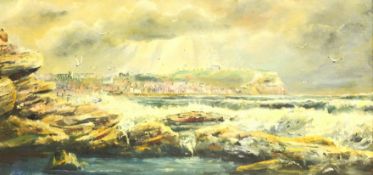 Robert Sheader (British 20th century): Scarborough from Cornelian Bay, oil on board signed 26cm x 54