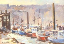 Michelle Saunders (British 1963-): 'Sharp Light Whitby Harbour', oil on canvas signed, titled verso