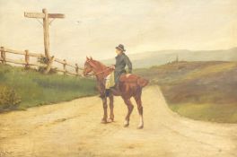 G Swift (British late 19th century): Man on Horseback at a Crossroads, oil on canvas signed and date