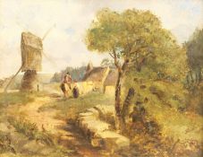 English School (19th century): Figures on Horseback by a Windmill, oil on board indistinctly signed
