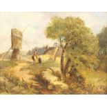 English School (19th century): Figures on Horseback by a Windmill, oil on board indistinctly signed