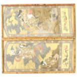 Japanese School (Early 20th century): Samurais and Dragons, pair paintings on gilt 48cm x 21cm