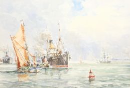 John Sutton (British 1935-): Busy Shipping, watercolour signed 35cm x 52cm