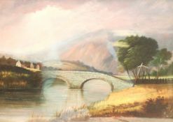 English Primitive School (19th century): The Stone Bridge, oil on board unsigned 29cm x 40cm