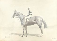 'Nimbus', winner of The Derby and 2000 guineas, monochrome watercolour signed with initials LM, titl