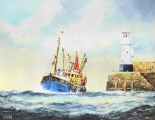 Jack Rigg (British 1927-): Trawler Rounding the Lighthouse, oil on board signed 34cm x 44cm