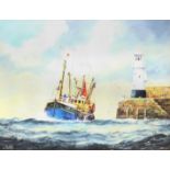 Jack Rigg (British 1927-): Trawler Rounding the Lighthouse, oil on board signed 34cm x 44cm