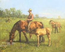Allan (British 20th century): Horses and Riders Grazing in the Field, oil on canvas signed 52cm x 65