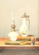 Jolley (20th century): Still Life with Jug and Lamp, oil on copper indistinctly signed, indistinctly