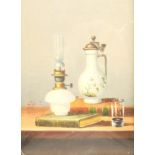 Jolley (20th century): Still Life with Jug and Lamp, oil on copper indistinctly signed, indistinctly