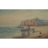 Austin Smith (British early 20th century): Boats and Bathing Machines on the Beach at 'Whitby', wate