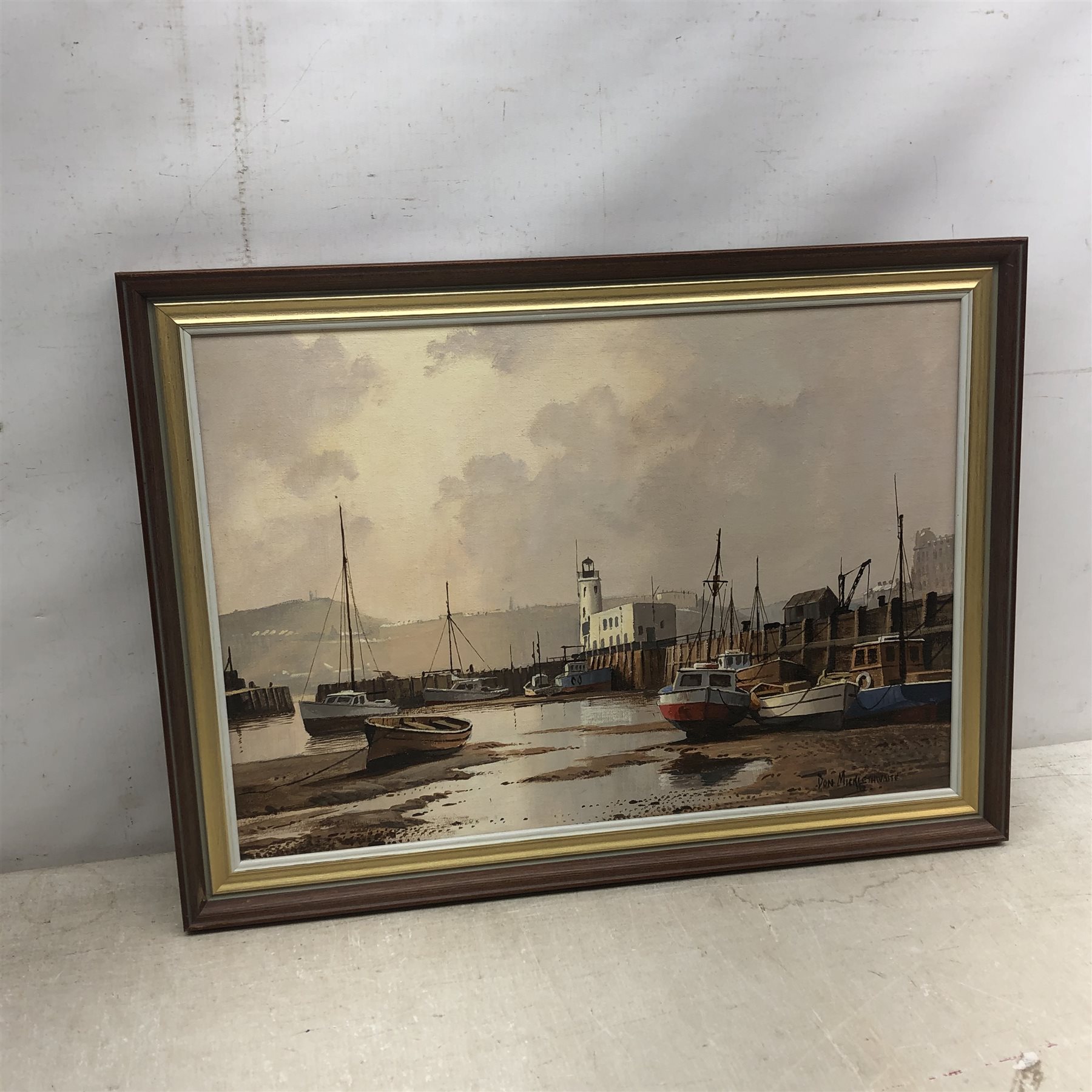 Don Micklethwaite (British 1936-): Scarborough Harbour at Low Tide, oil on board signed 34cm x 49cm - Image 2 of 2