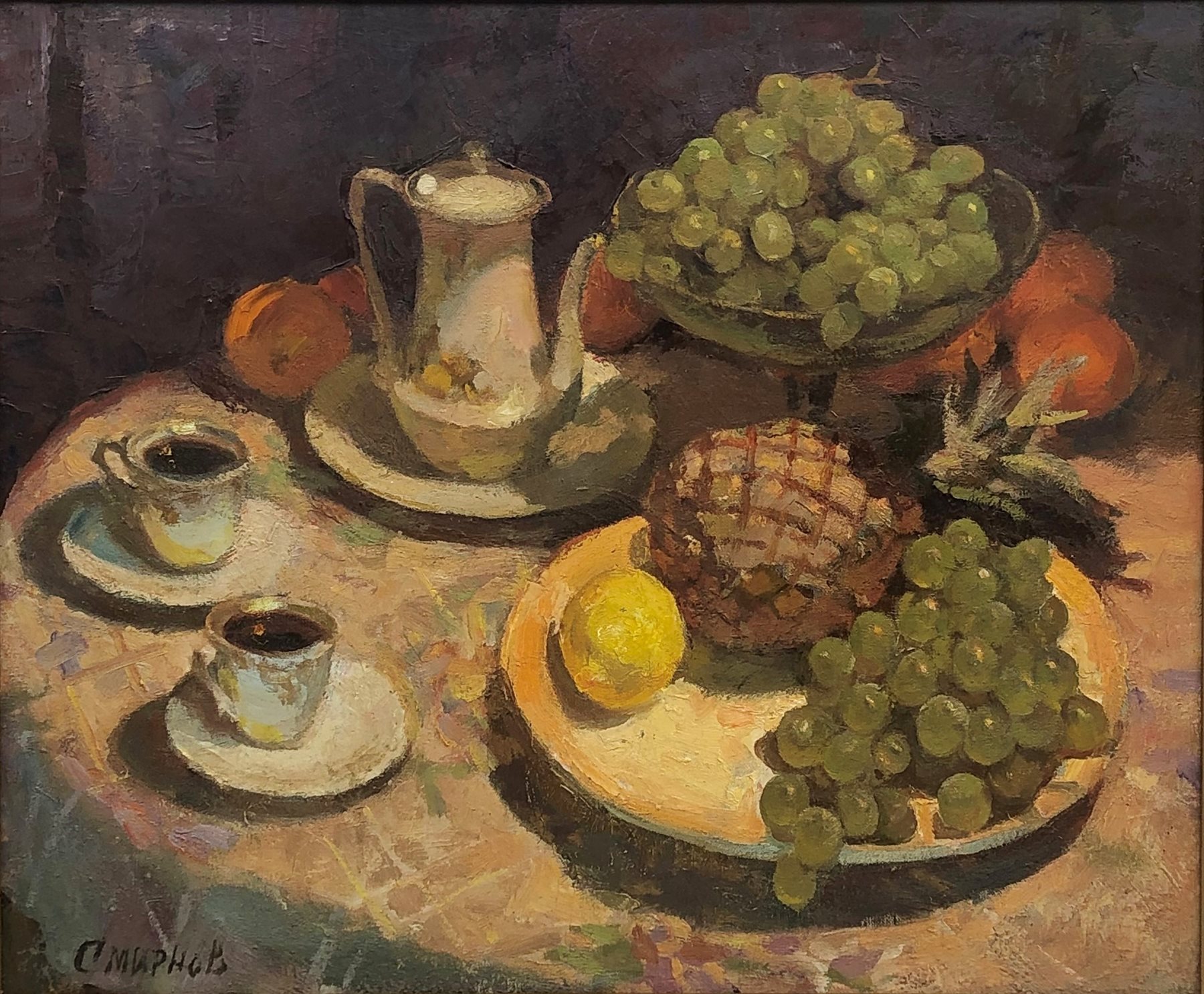 Valentin Smirnov (Russian 1927-2009): Still Life with Pineapple and Grapes, oil on canvas signed 49c