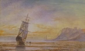 English School (19th/20th century): Ship on Upgang Beach Whitby at Sunset, watercolour signed G Weat