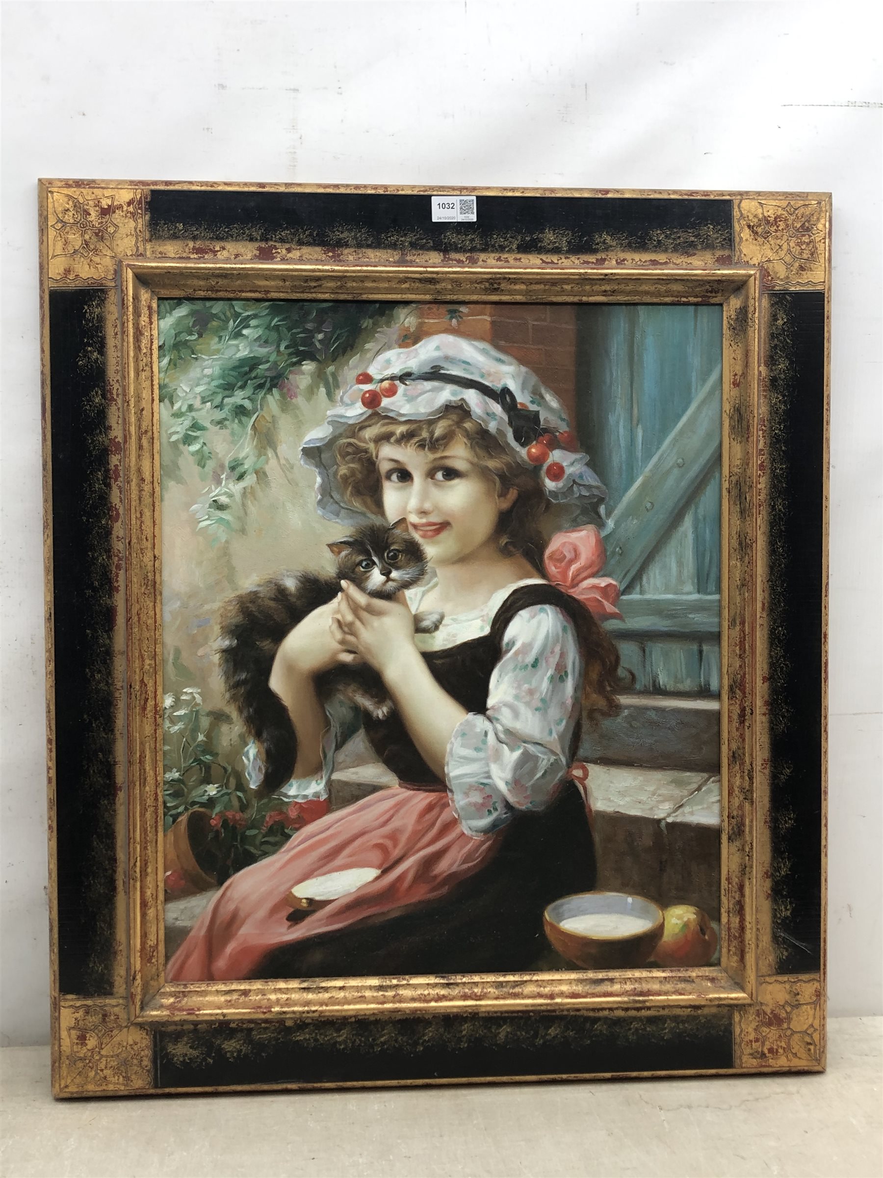 English School (Late 20th century): Girl with a Kitten, oil on canvas laid on board unsigned 59cm x - Image 2 of 2