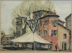 Continental School (Mid 20th century): Market Place with Tented Tree, pen and watercolour unsigned 2