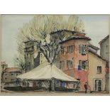 Continental School (Mid 20th century): Market Place with Tented Tree, pen and watercolour unsigned 2