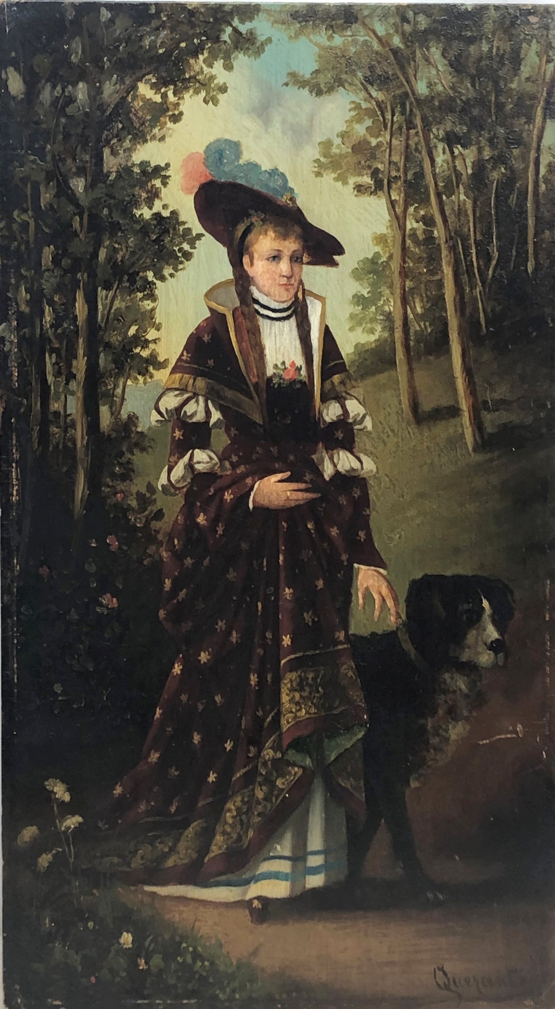 Continental School (Late 19th century): Lady with a Dog, oil on mahogany panel indistinctly signed 4