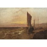 English School (19th century): Beached Fishing Boats at Sunset, oil on canvas unsigned 50cm x 74cm