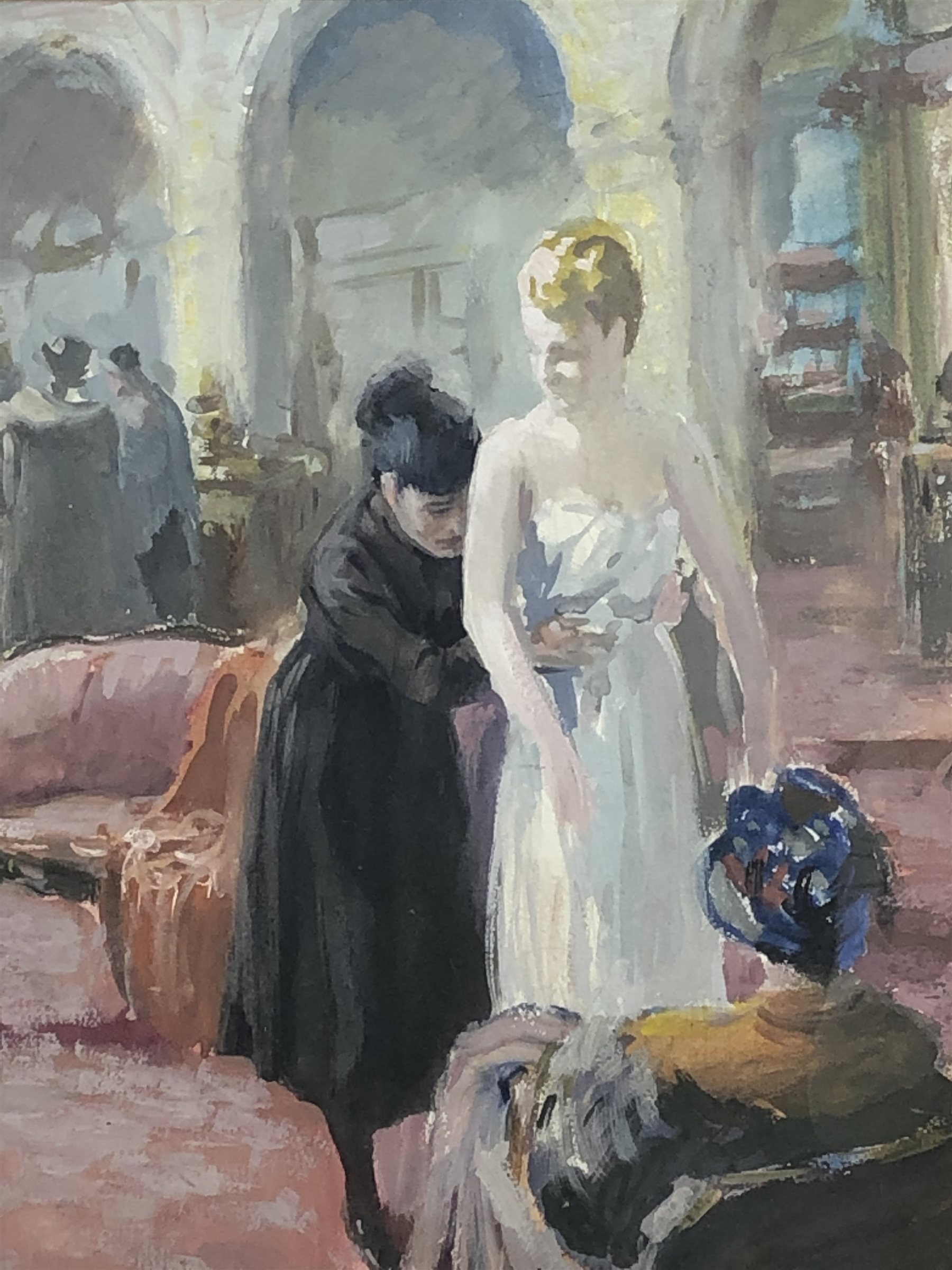 French School (early 20th century): The Dress Fitting, gouache unsigned 38cm x 31cm