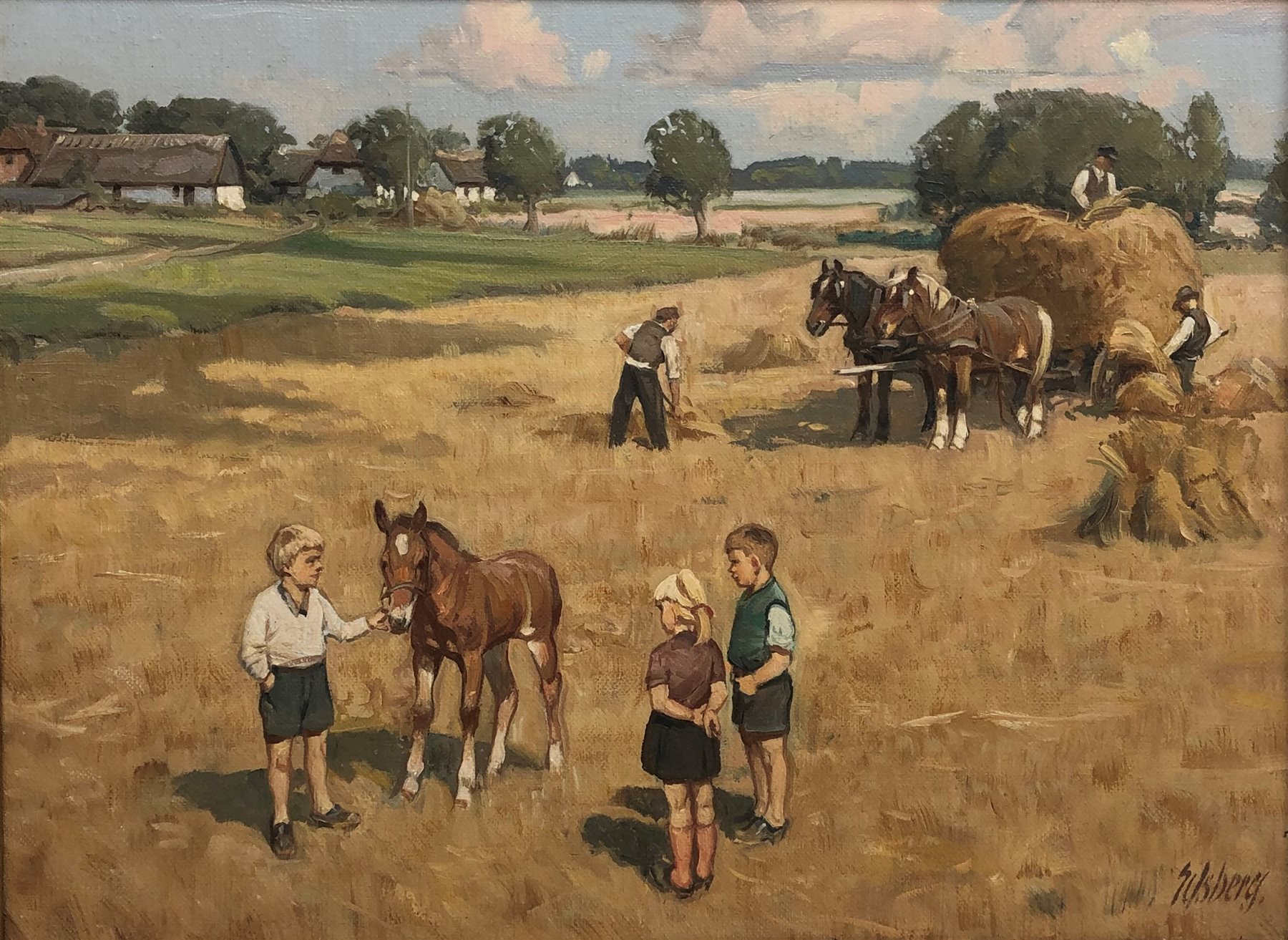 Knud Edsberg (Danish 1911-2003): Children in the Hayfield, oil on canvas signed 29cm x 39cm