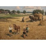 Knud Edsberg (Danish 1911-2003): Children in the Hayfield, oil on canvas signed 29cm x 39cm