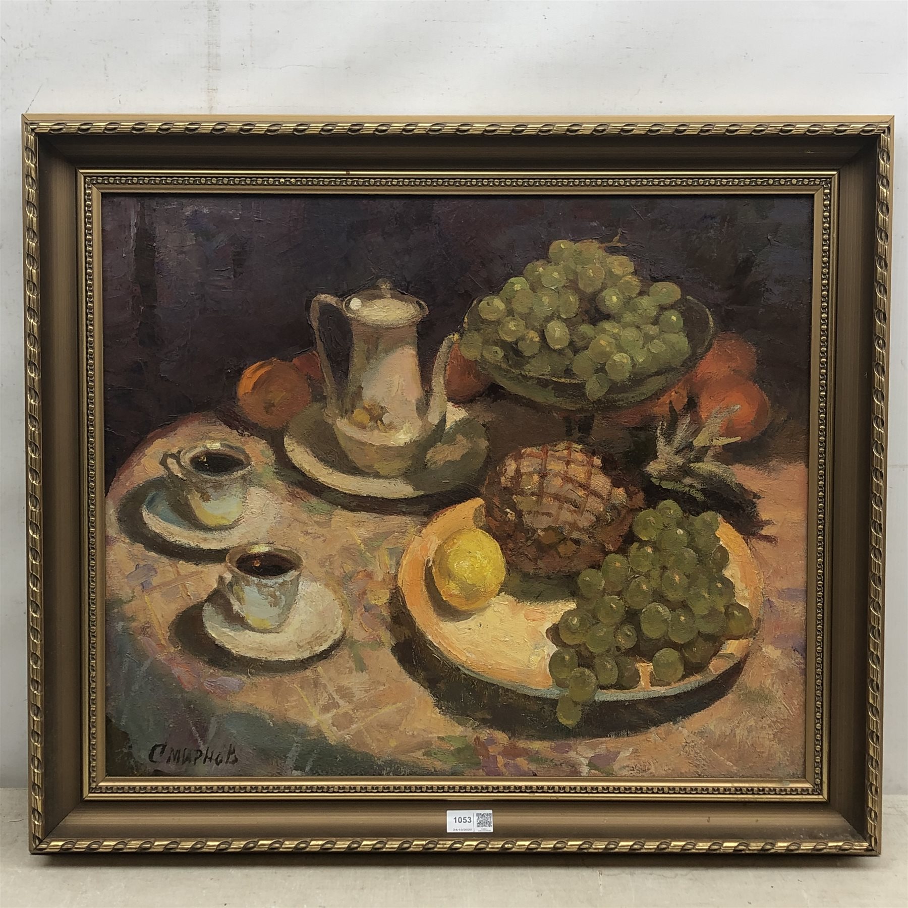 Valentin Smirnov (Russian 1927-2009): Still Life with Pineapple and Grapes, oil on canvas signed 49c - Image 2 of 2