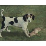 P A Newman (Late 20th century): Jack Russell Puppy with a Rabbit, oil on canvas board, signed 27cm x