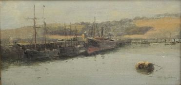 William Ayerst Ingram (British 1855-1913): Boats by the Quayside, oil on canvas signed 17cm x 34cm