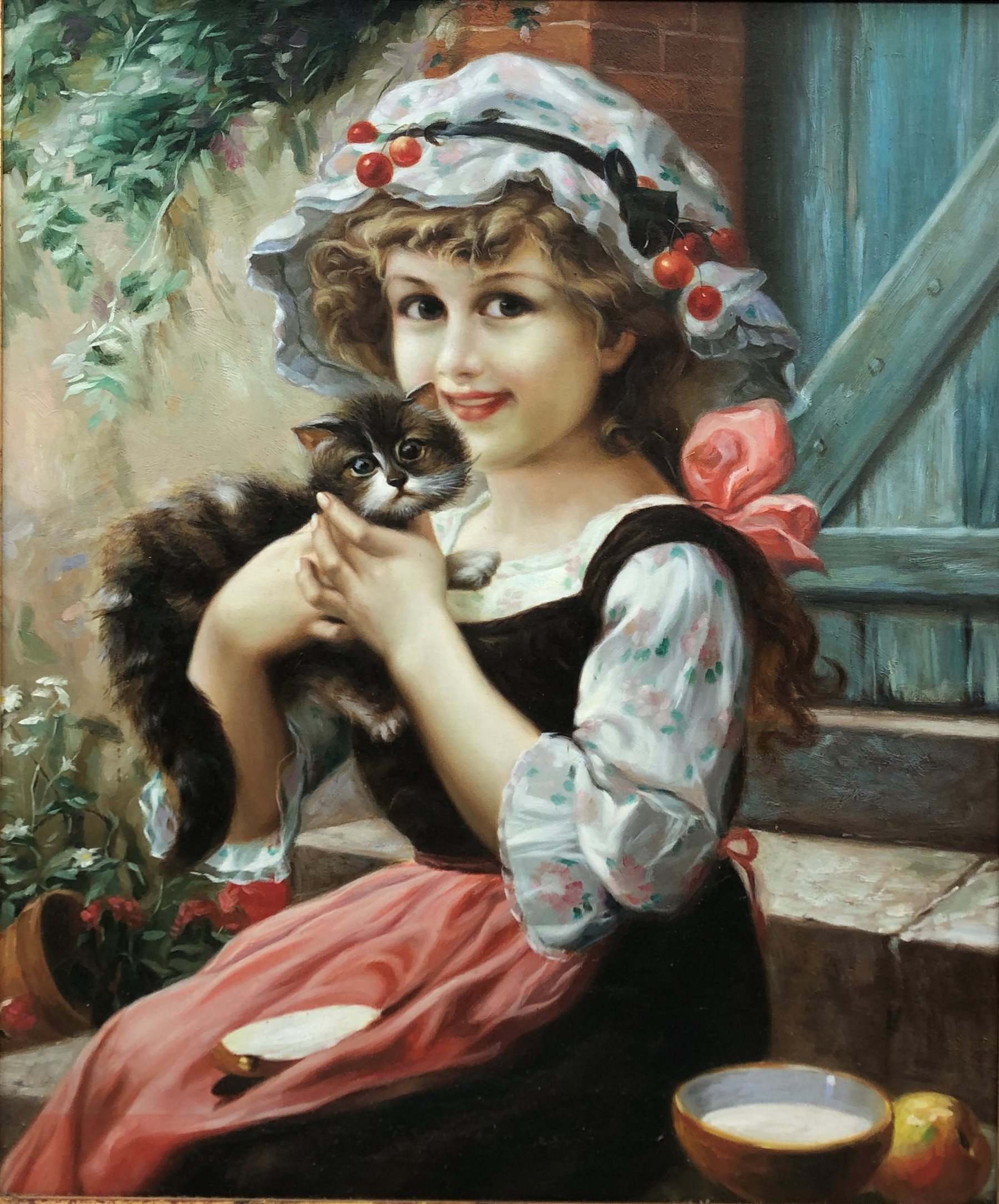 English School (Late 20th century): Girl with a Kitten, oil on canvas laid on board unsigned 59cm x