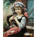 English School (Late 20th century): Girl with a Kitten, oil on canvas laid on board unsigned 59cm x