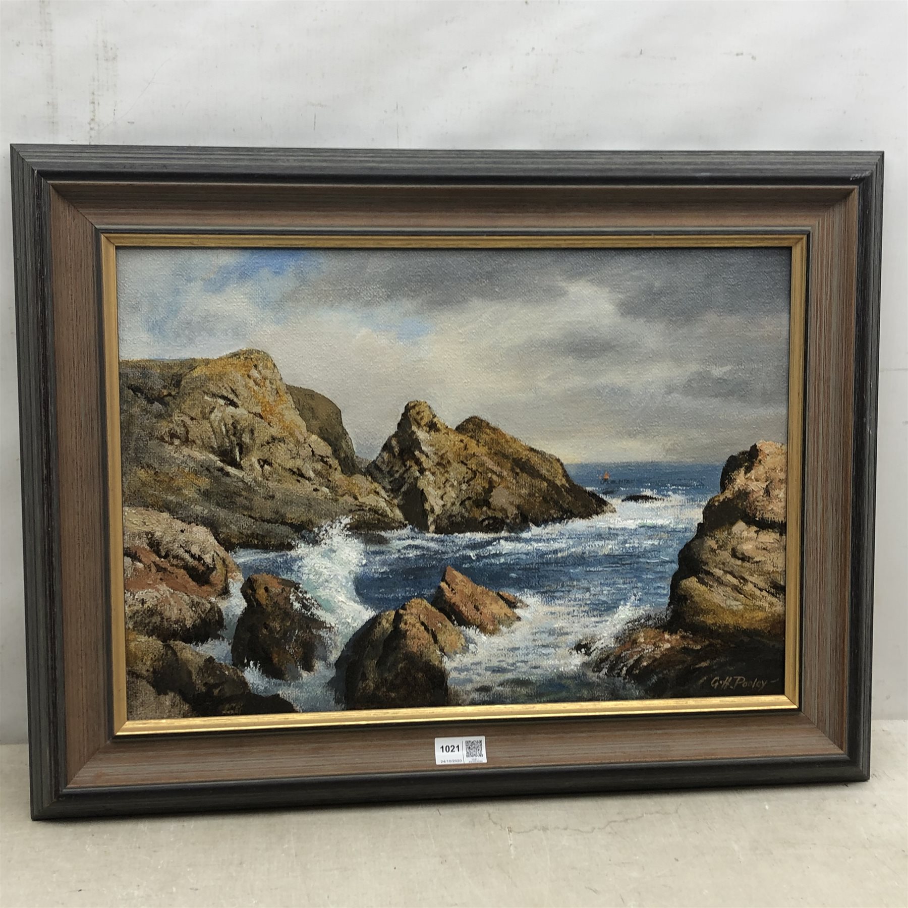 Geoffrey H Pooley (British 1908-2006): 'By the Sea St Abbs', oil on board signed, titled verso with - Image 2 of 2
