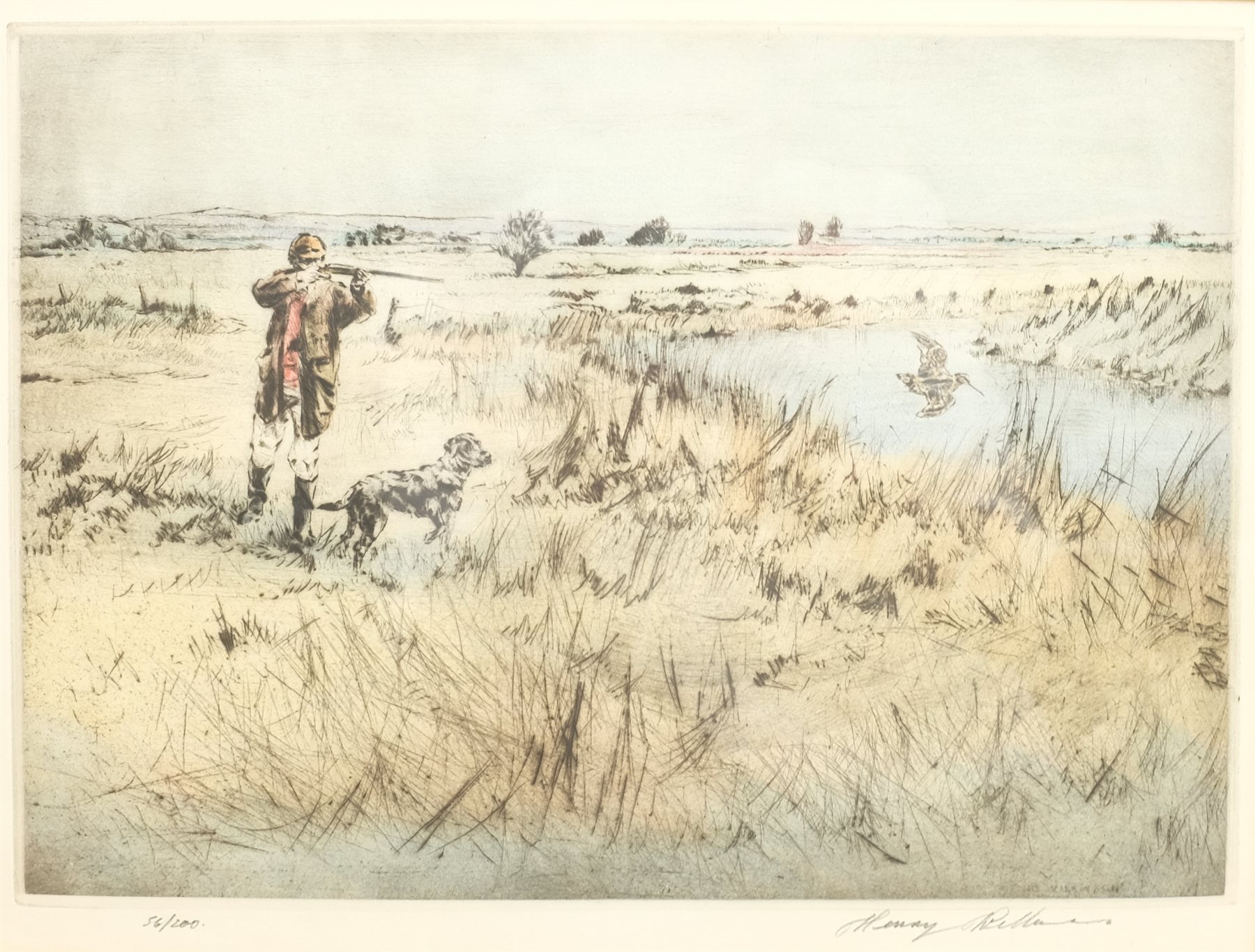Henry Wilkinson (British 1921-2011): Shooting Snipe, coloured drypoint etching signed and numbered 5