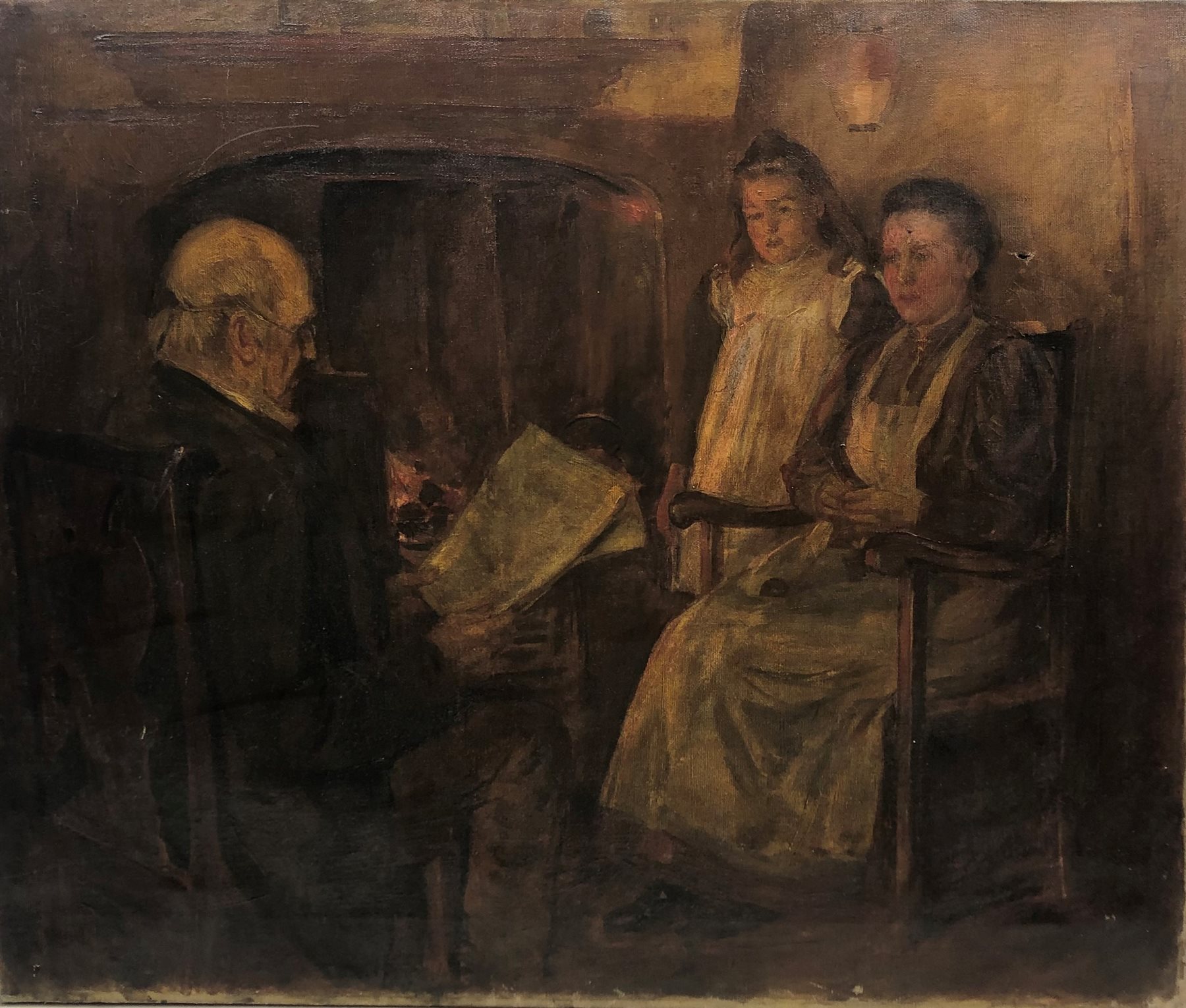 English School (Late 19th century): Father Reading the News to his Family, oil on canvas indistinctl