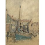 Nelson Ethelred Dawson (British 1860-1941): Whitby Fishing Boats by the Quayside, watercolour signed