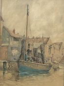 Nelson Ethelred Dawson (British 1860-1941): Whitby Fishing Boats by the Quayside, watercolour signed
