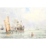 John Sutton (British 1935-): Busy Shipping, watercolour signed 35cm x 52cm
