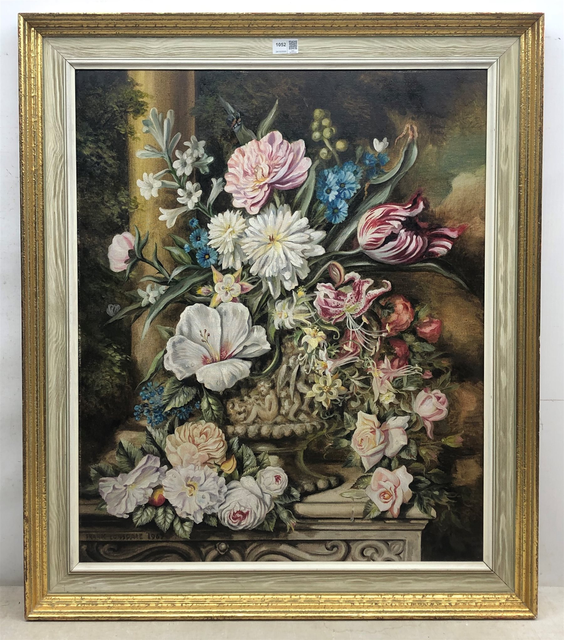 Frank Lonsdale (British 20th century): Still Life of Flowers on a Ledge, oil on board signed and dat - Image 2 of 2