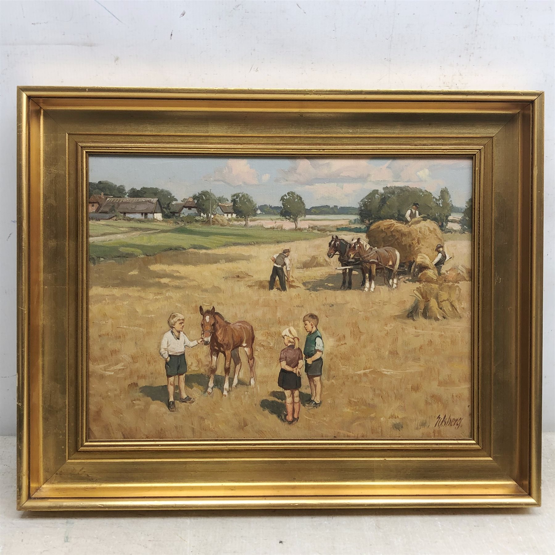 Knud Edsberg (Danish 1911-2003): Children in the Hayfield, oil on canvas signed 29cm x 39cm - Image 2 of 2