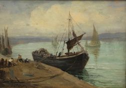 James Watson (Staithes Group 1851-1936): Unloading the Nets, oil on panel signed