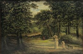 English School (19th century): Parkland Landscape with Figures, oil on canvas unsigned 29cm x 44cm