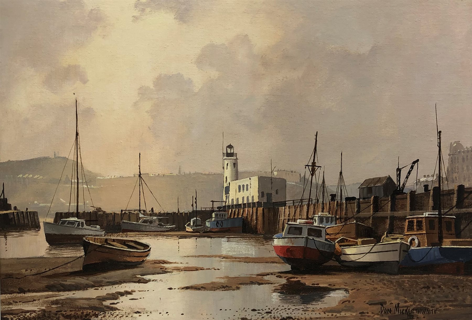 Don Micklethwaite (British 1936-): Scarborough Harbour at Low Tide, oil on board signed 34cm x 49cm