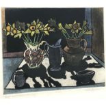 Charlie Downes (British Contemporary): 'Jugs and a Bowl with Daffodils', coloured etching