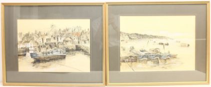 Desmond 'Des' G Sythes (British 1929-2008): Whitby Fishing Boats, pair pen and watercolours signed a